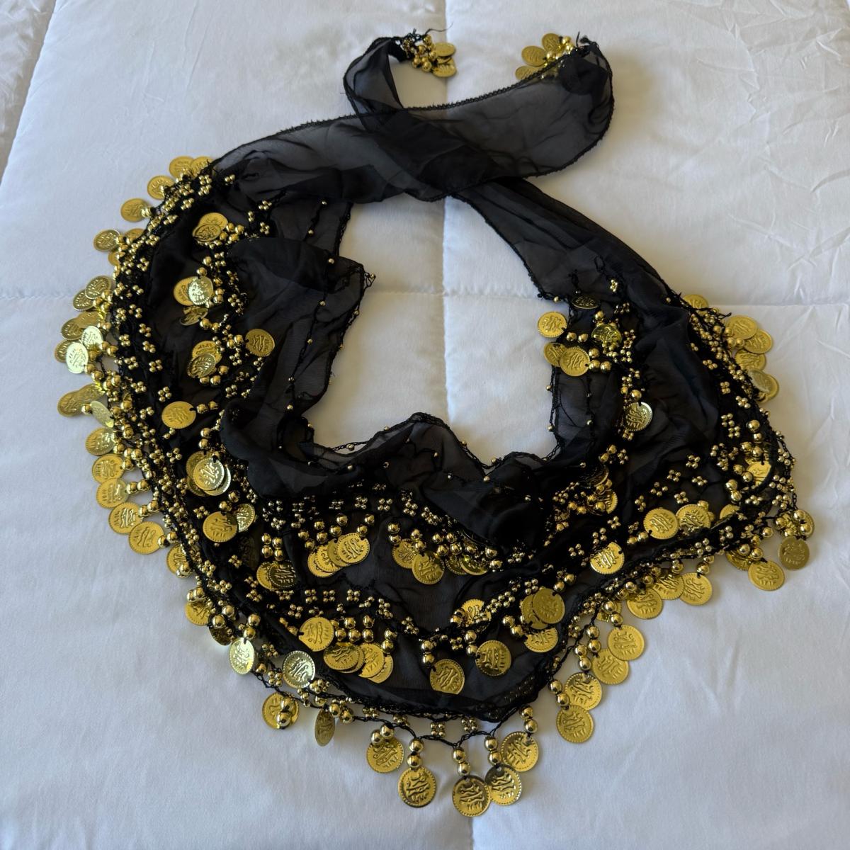 Black Chiffon Belly Dance Hip Scarf with Gold Coin Trim  Tri