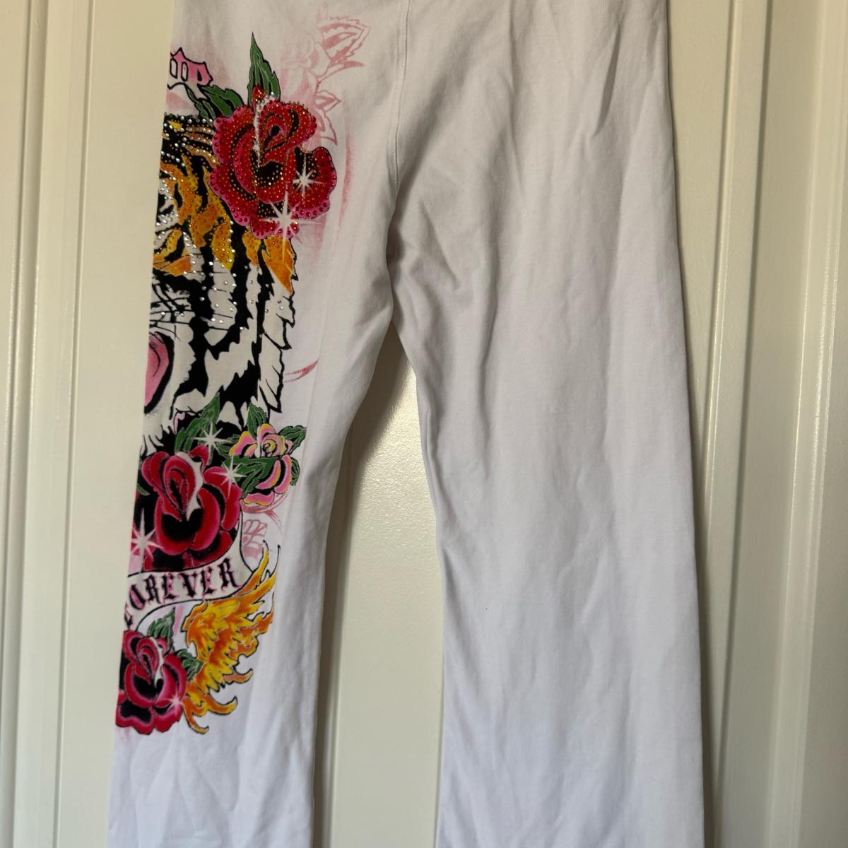 Brand New Y2K TattooInspired White Flare Pants  Rhinestone