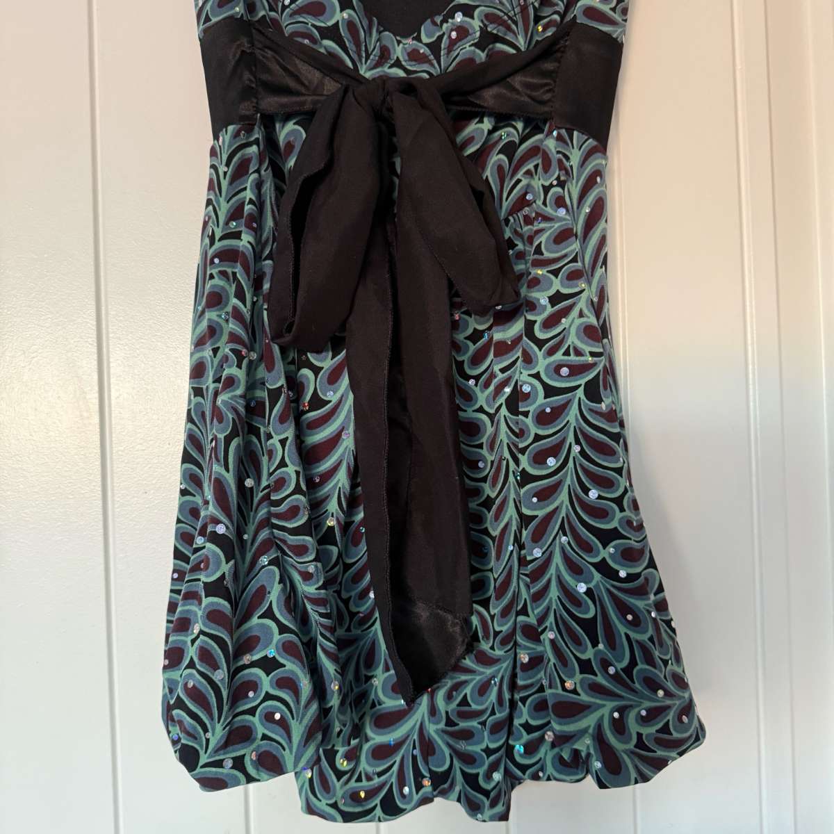 Strapless Teal  Black Sparkle Cocktail Dress with Satin Wais