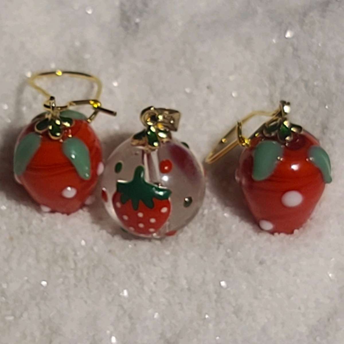 Red Strawberries Murano Glass Earrings and Pendant Set