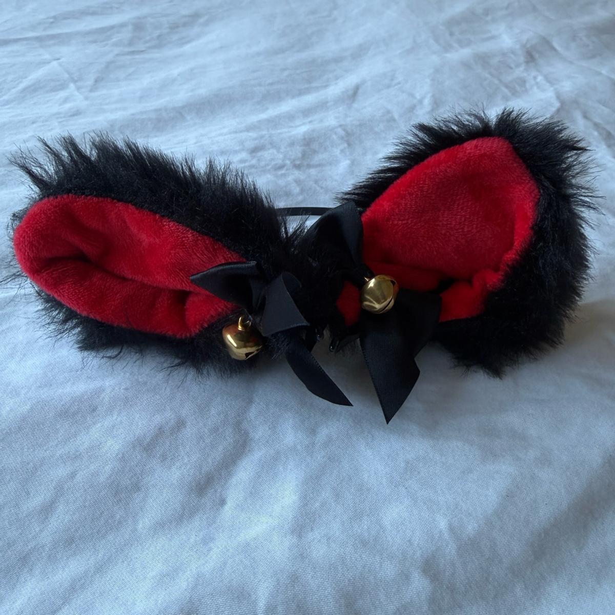 Gothic Black  Red Faux Fur Cat Ears Headband with Gold Bells