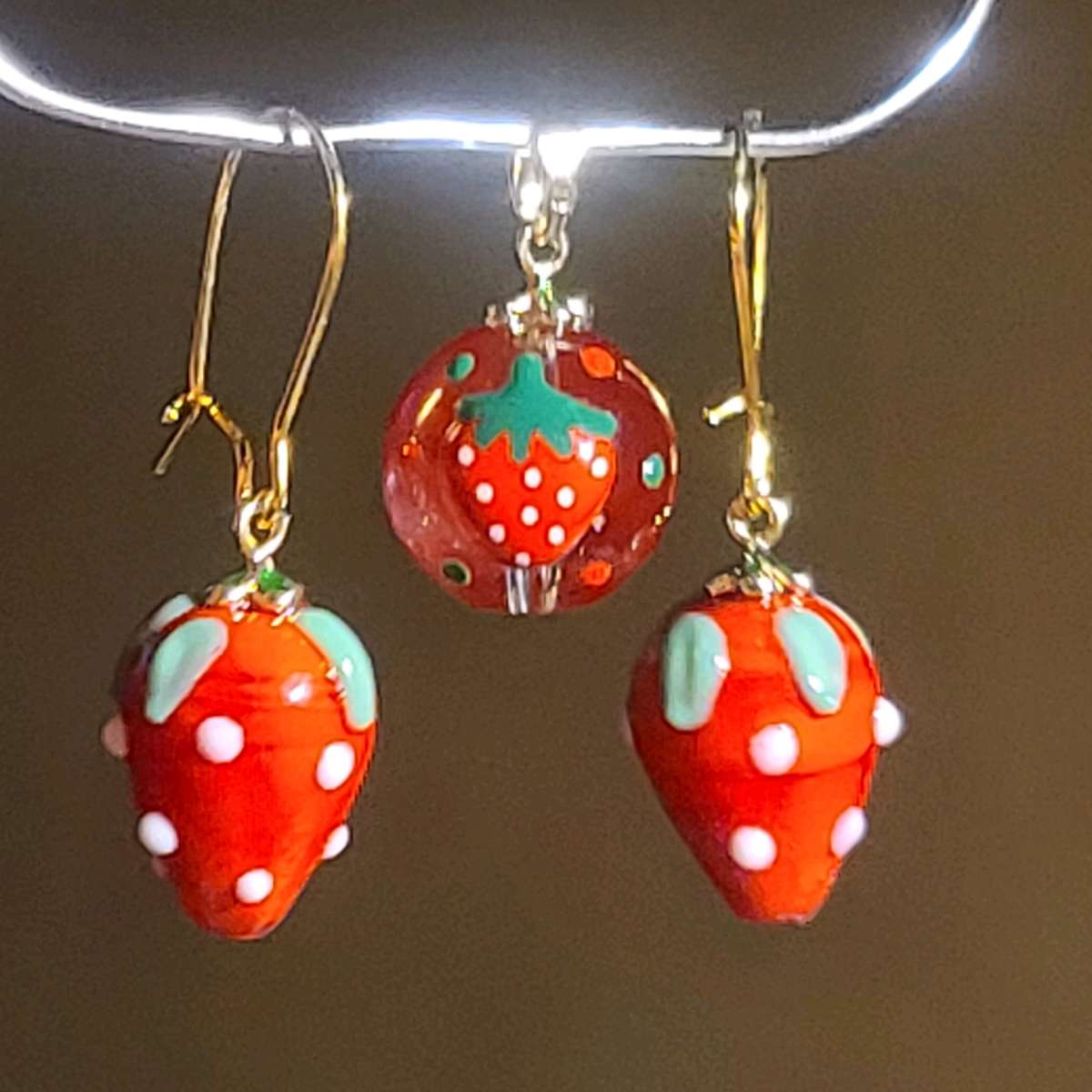 Red Strawberries Murano Glass Earrings and Pendant Set