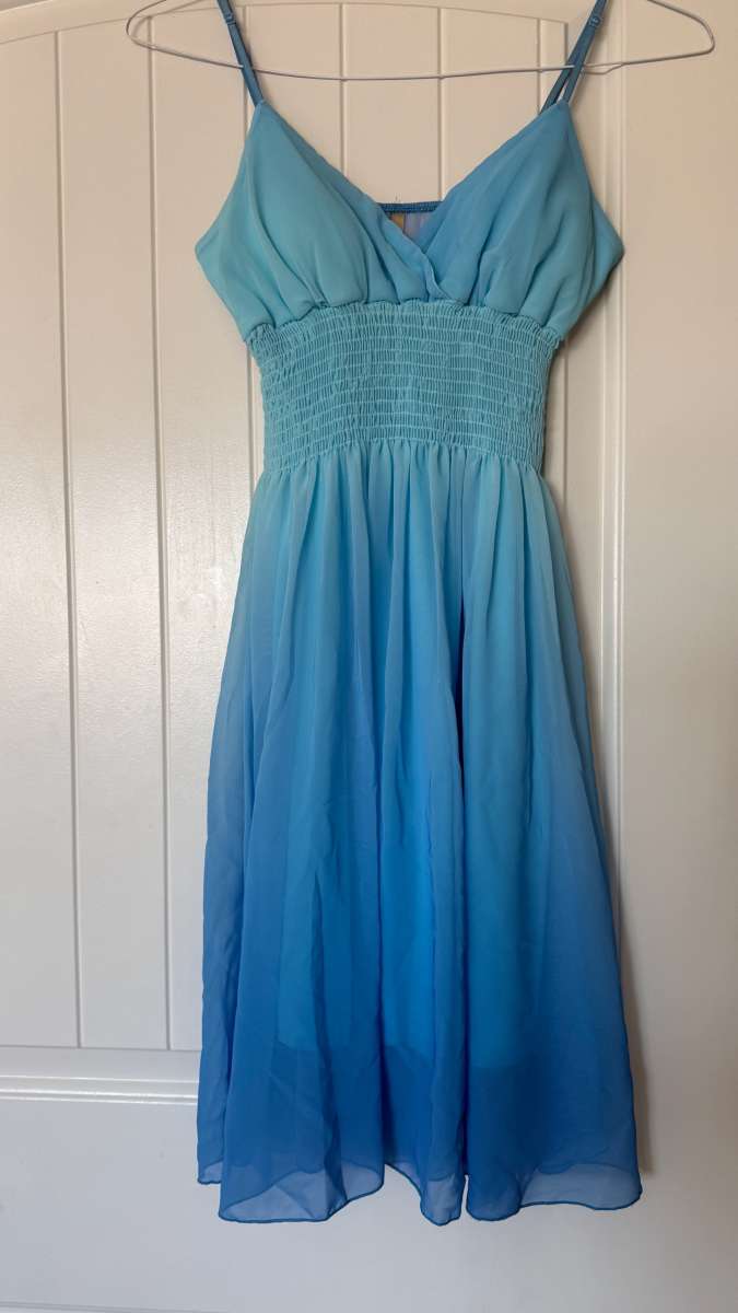 Blue Ombr Chiffon Sundress with Smocked Waist Adjustable Str