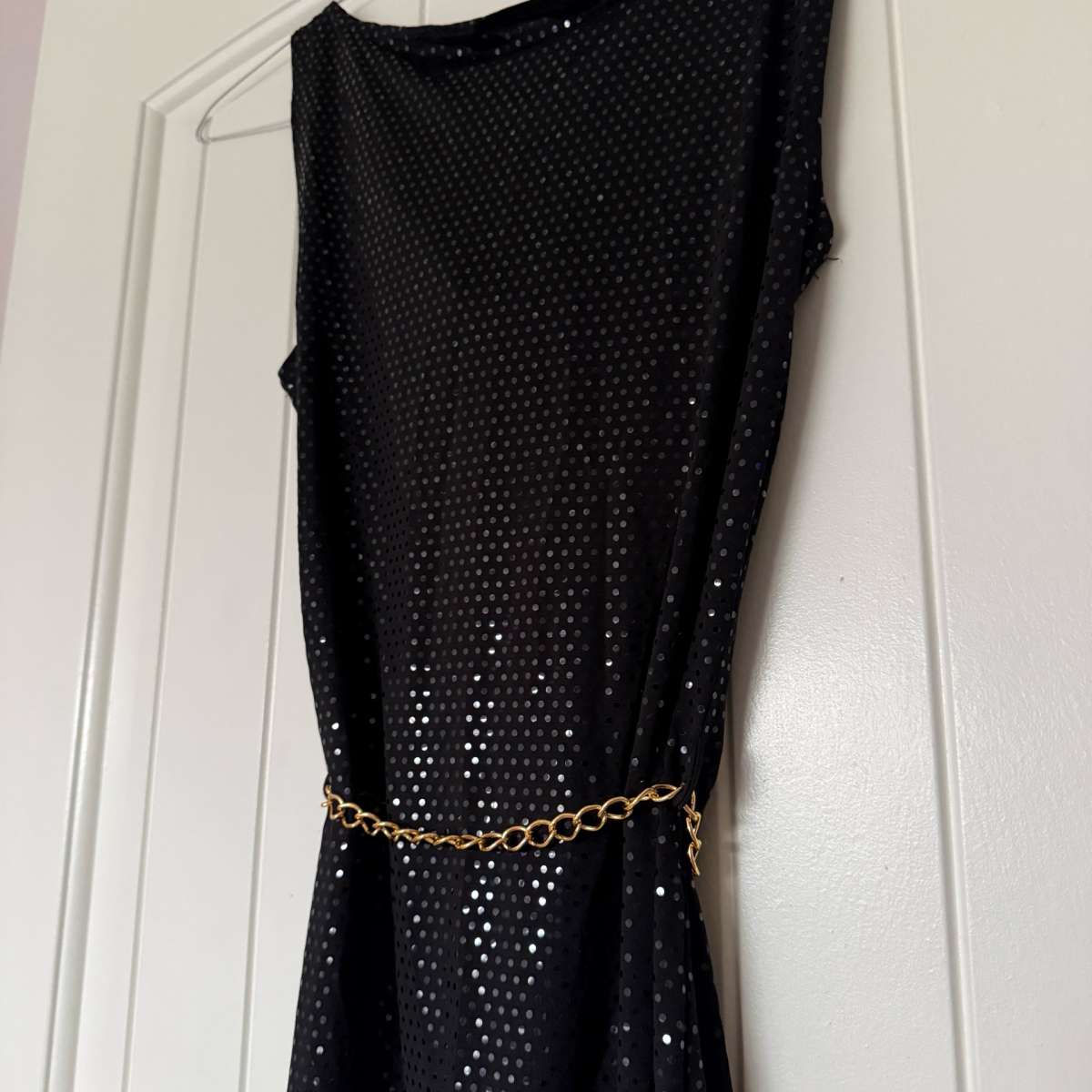 Black Metallic Polka Dot Cowl Neck Cocktail Dress with Gold