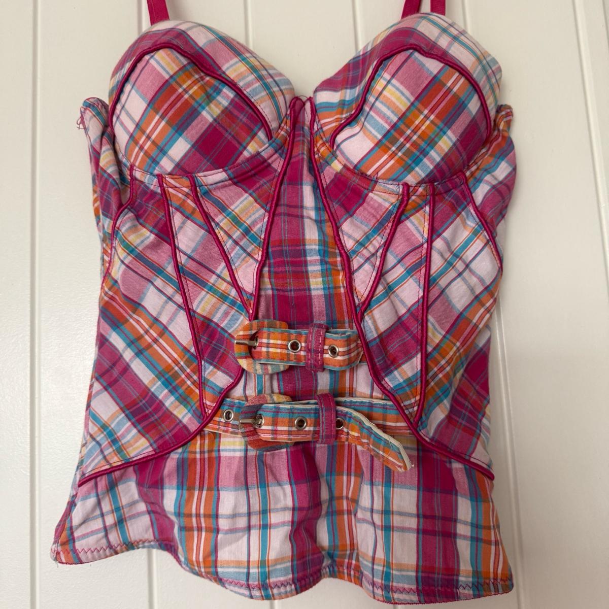 Pink Plaid Corset Bustier Top  Y2K Structured Boned Crop w B