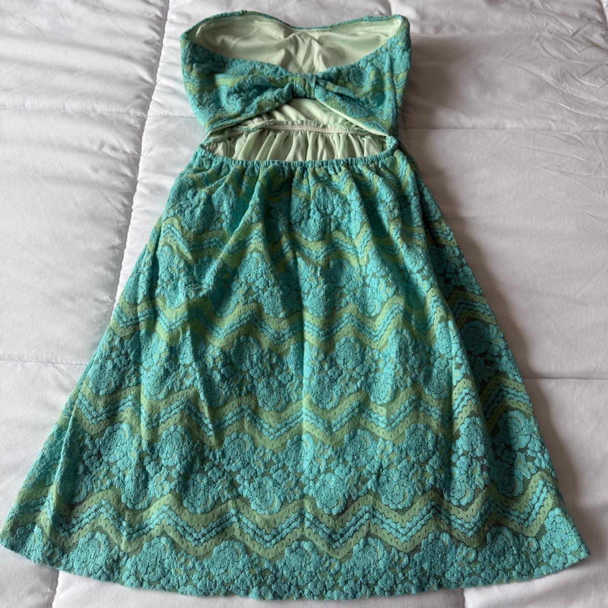 Mint  Teal Strapless Lace FitandFlare Dress  BuiltIn Padded