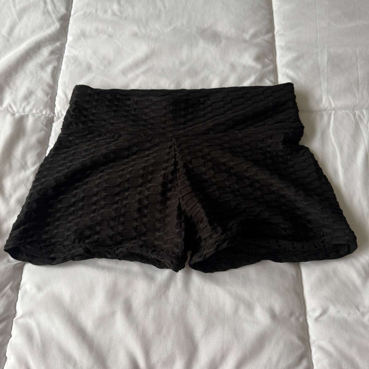 Black Textured HighWaisted Stretch Lounge Shorts  Smocked