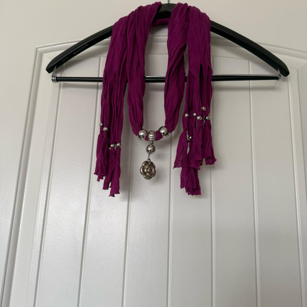 Magenta Statement Scarf Necklace with Silver Beads  Floral P