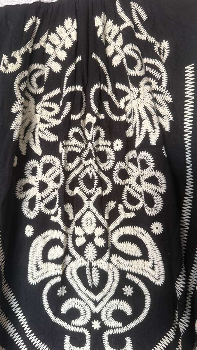 Bohemian Black Embroidered Midi Dress  Folk Floral Stitching