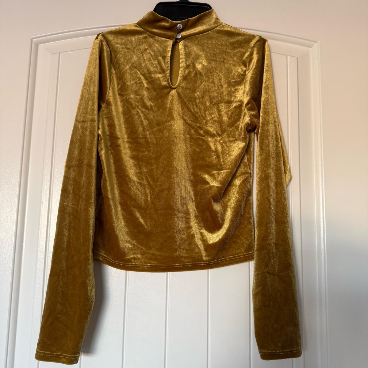 Mustard Gold Velvet HighNeck Long Sleeve Top with Keyhole Ba