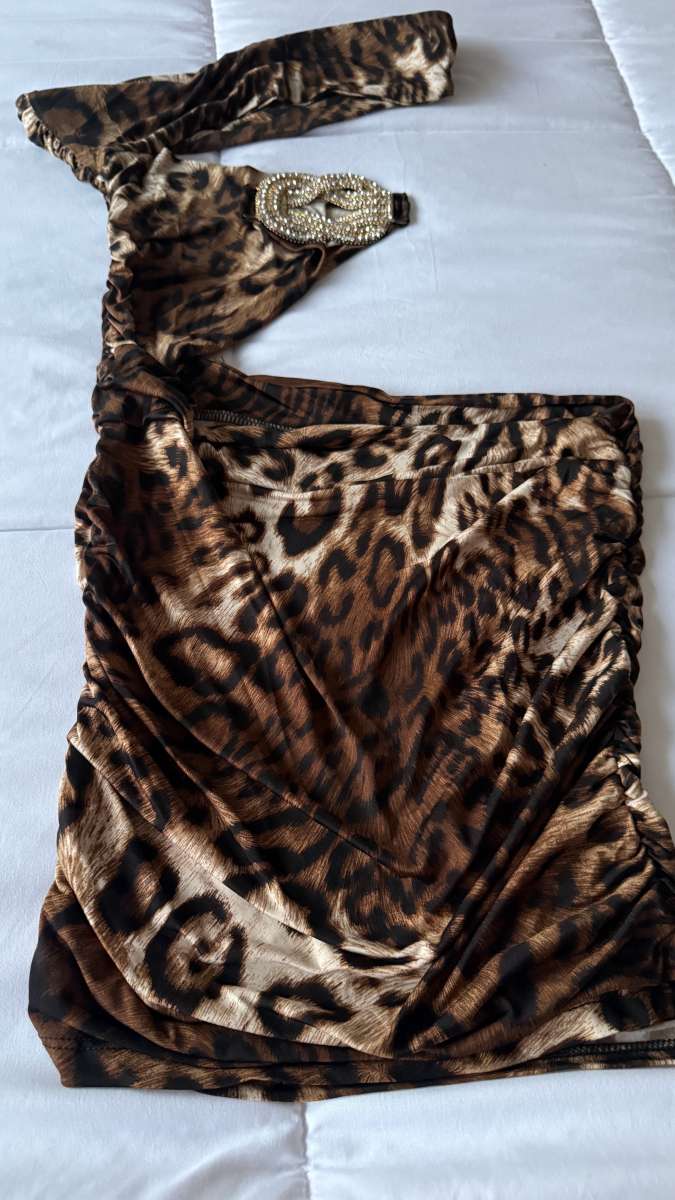 Leopard Print OneShoulder CutOut Mini Dress with Rhinestone