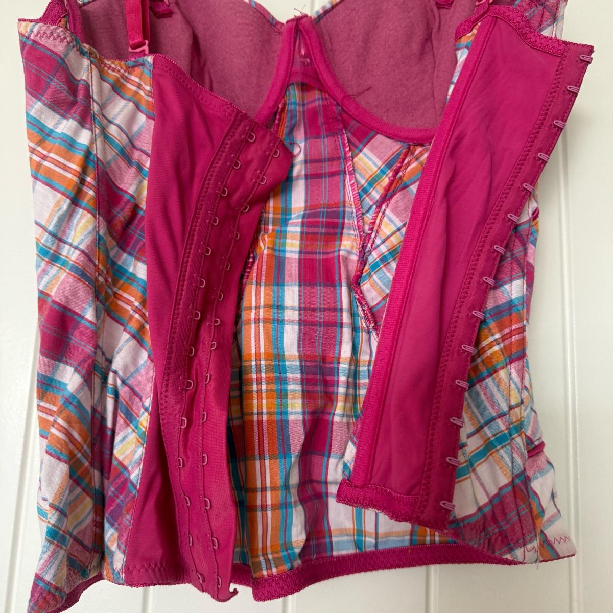 Pink Plaid Corset Bustier Top  Y2K Structured Boned Crop w B