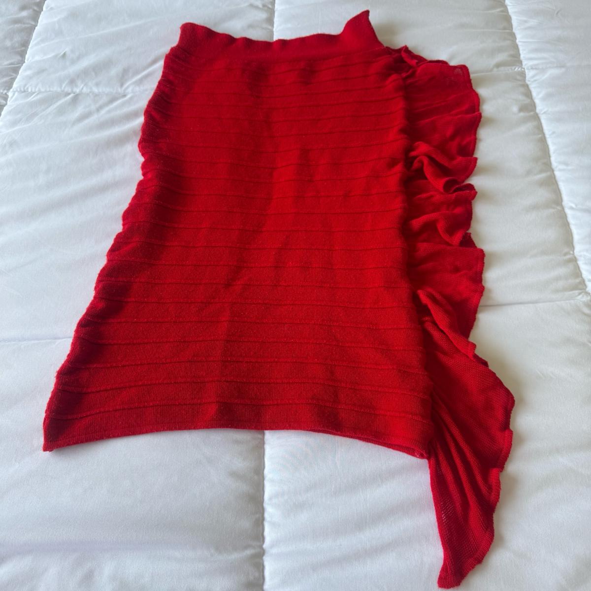 Red Ribbed Knit Ruffle Bodycon Skirt  Convertible Strapless