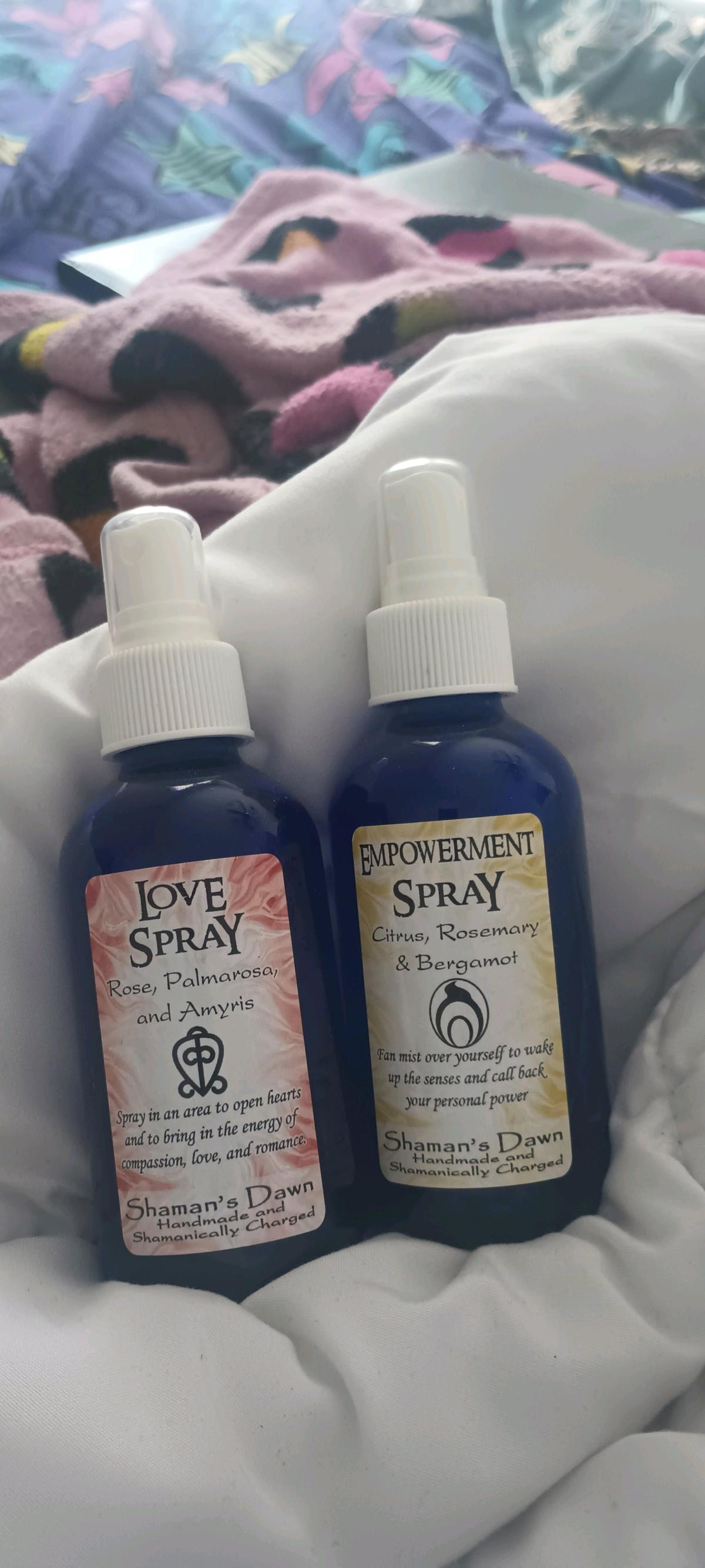 set 2 love spray and empowerment spray in blue glass bottles