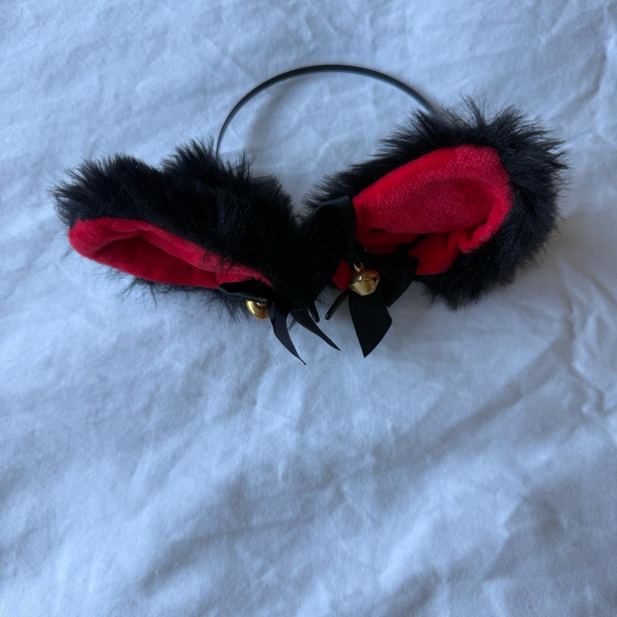 Gothic Black  Red Faux Fur Cat Ears Headband with Gold Bells