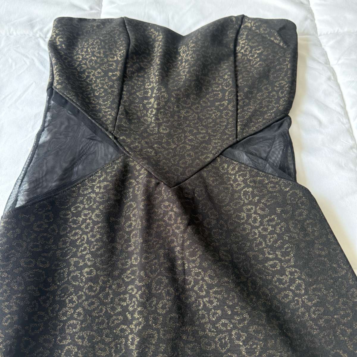 Strapless Black  Gold Animal Print Bodycon Dress with Mesh S