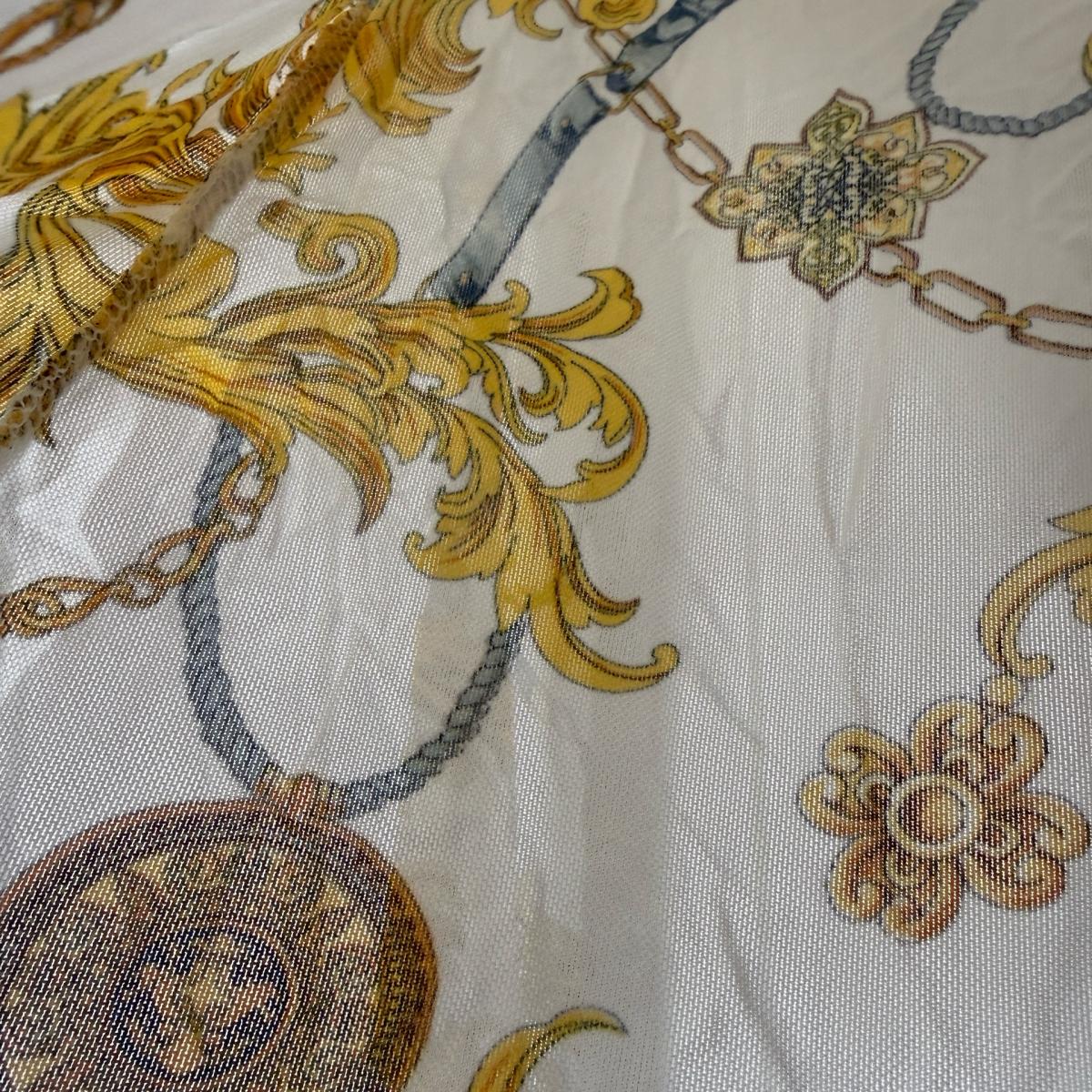 Gold Baroque Chain Print Sheer Mesh Long Sleeve Top  Size Sm