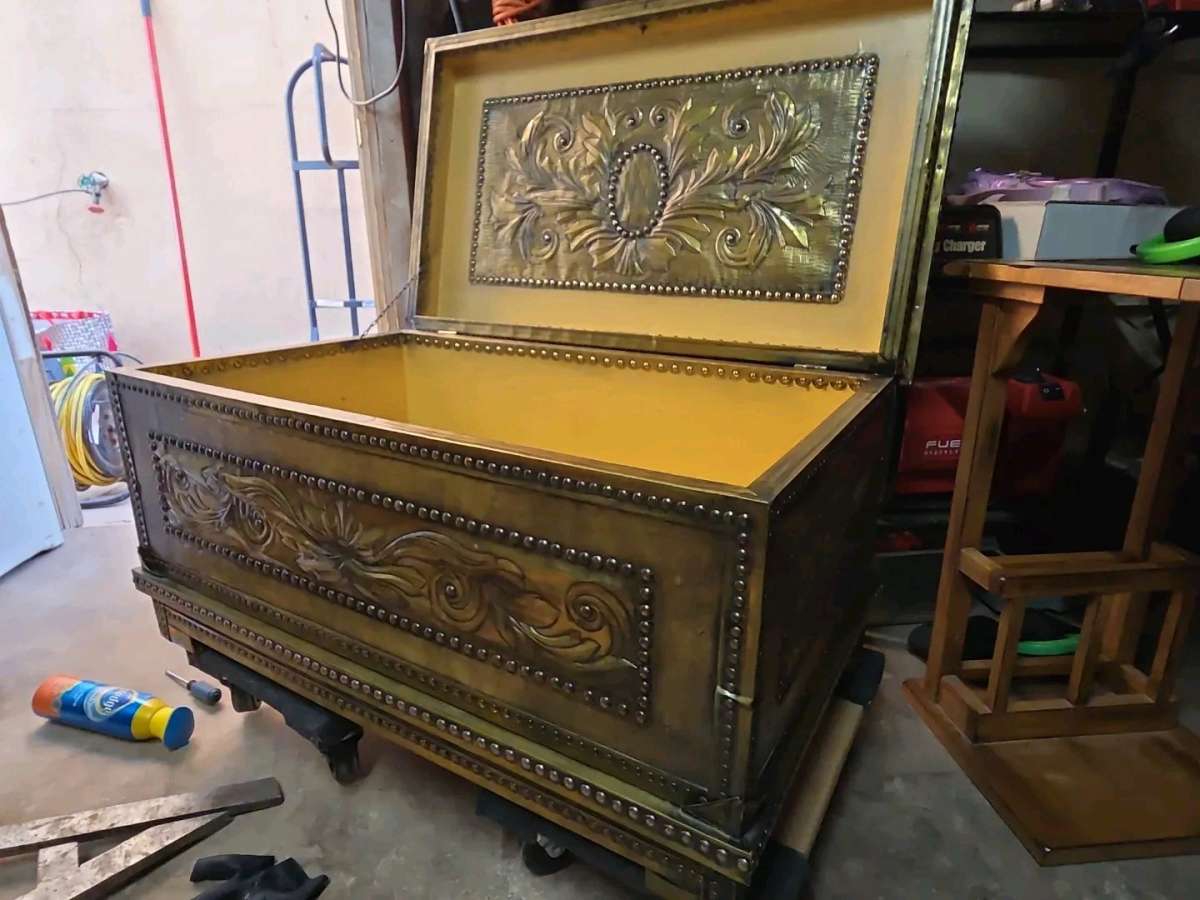 Hand Carved Brass Wood Trunk  Vintage Blanket Chest