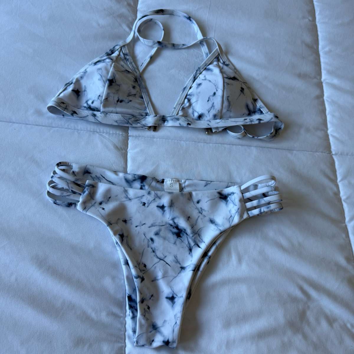 White Marble TieDye Padded Triangle Bikini Set  Strappy High