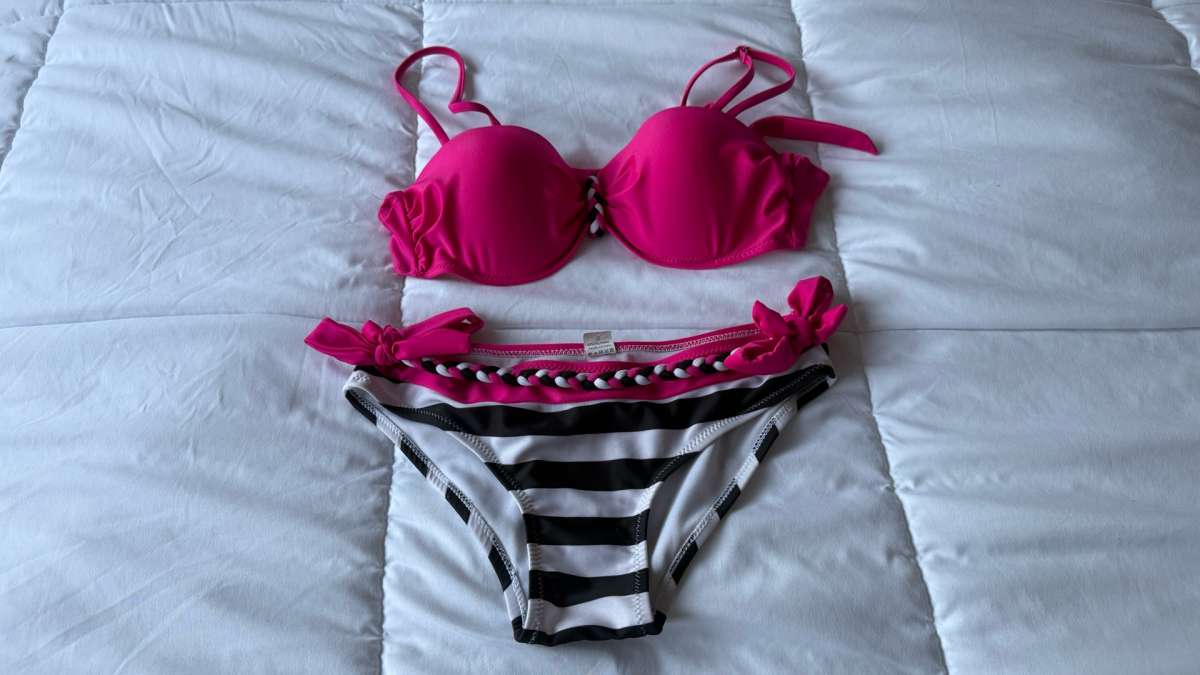 Hot Pink  Black Striped Bikini Set  Padded Bra Top with Brai