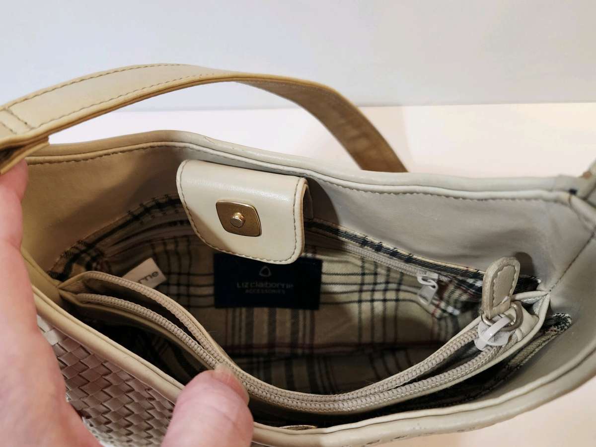 Vintage Liz Claiborne Beige Faux Leather Woven Handbag