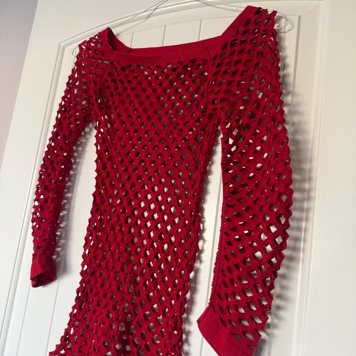 Brand New Red Openwork Knit Long Sleeve Top  Sheer Lattice