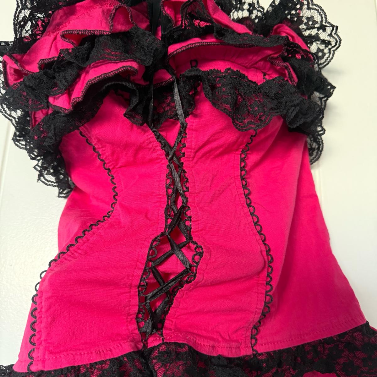Strapless Hot Pink  Black Lace Ruffled Bustier Top  Padded