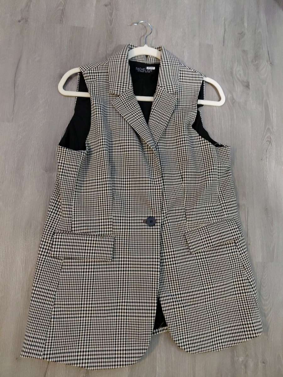 Rachel Zoe Houndstooth Long Vest One Button Black White