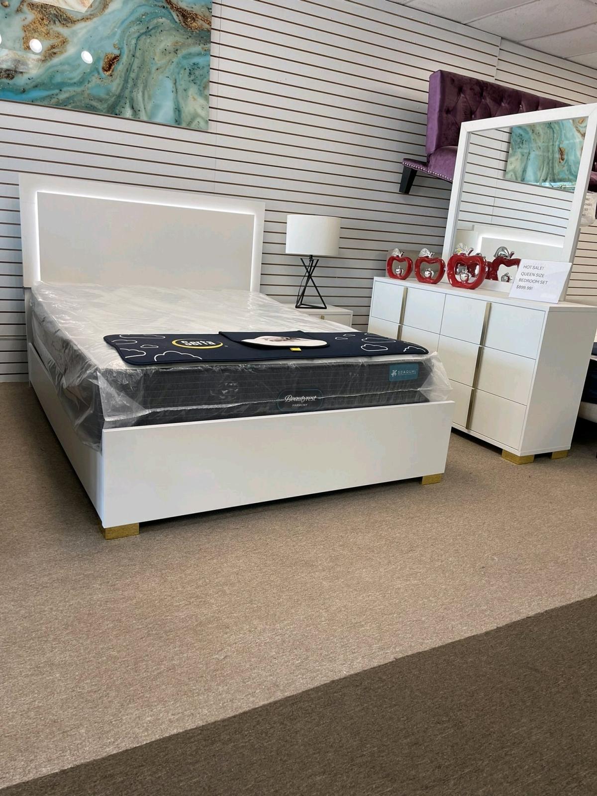Modern White  Gold Bedroom Set with LED Bed  Queen Size