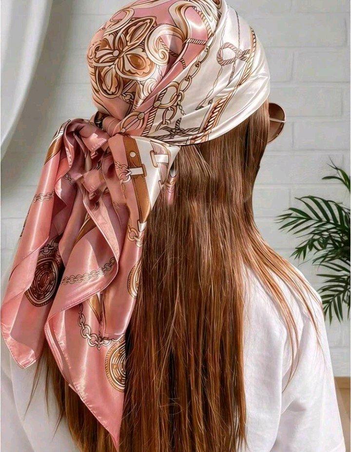 Blush Pink  Gold Satin Chain Print Head Wrap Scarf