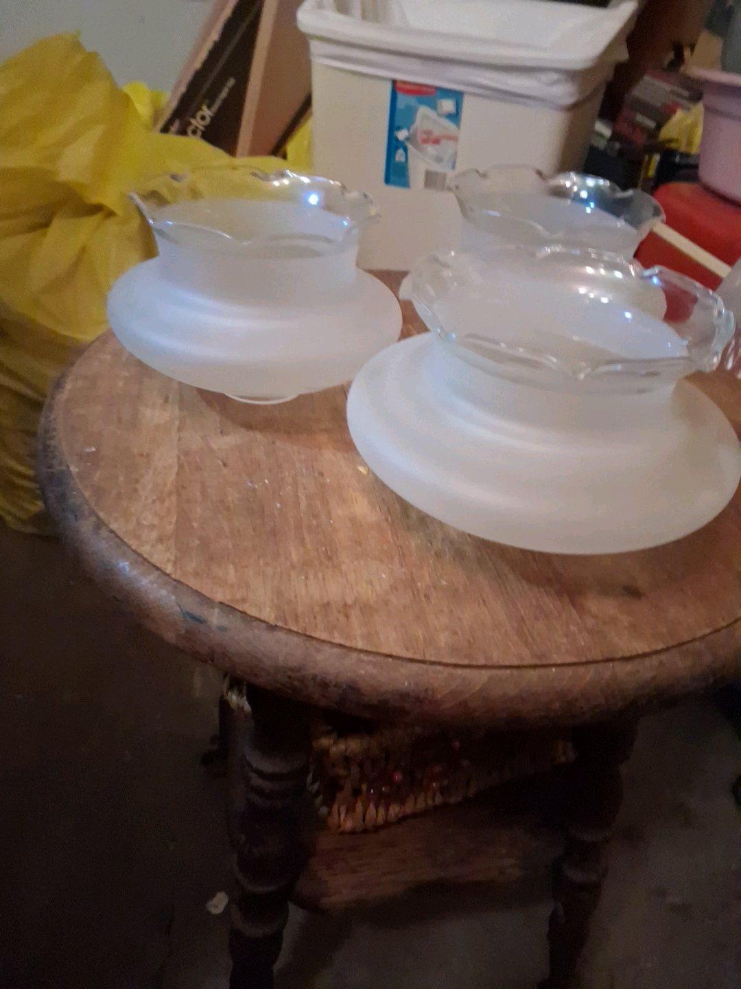3 Antique Frosted Glass Lamp Shades Ruffled Edge