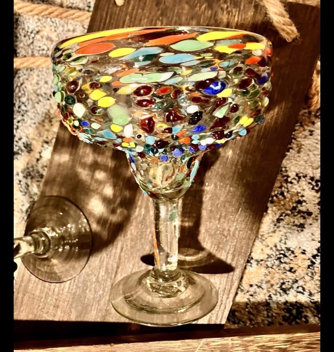 Mexican Hand Blown Margarita Glasses Confetti Set of 2