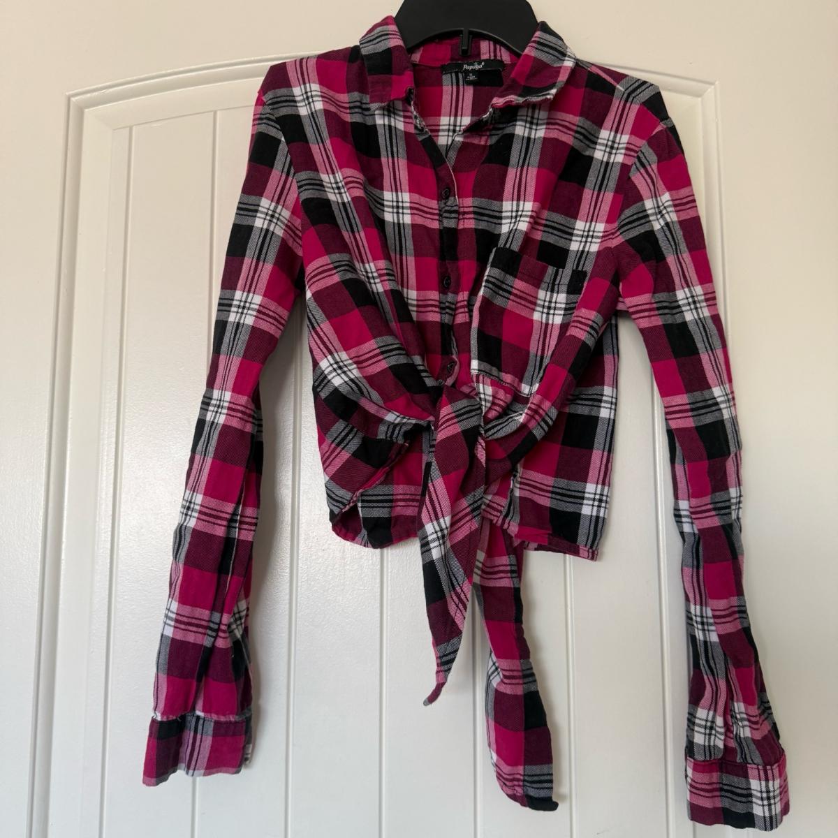 Papaya Pink Plaid TieFront Flannel Crop Shirt  Soft Grunge Y