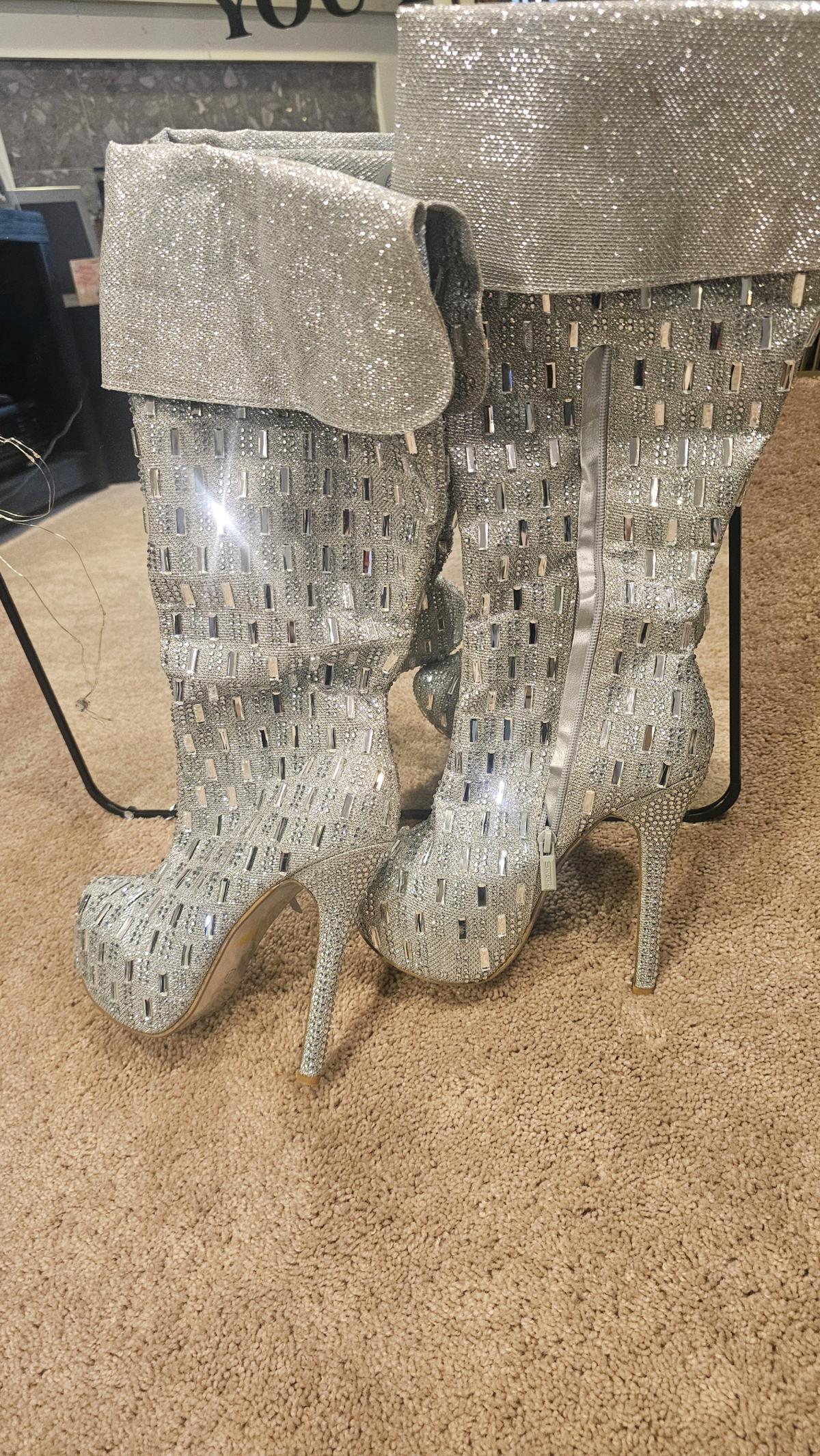 high heeled studded silver boots