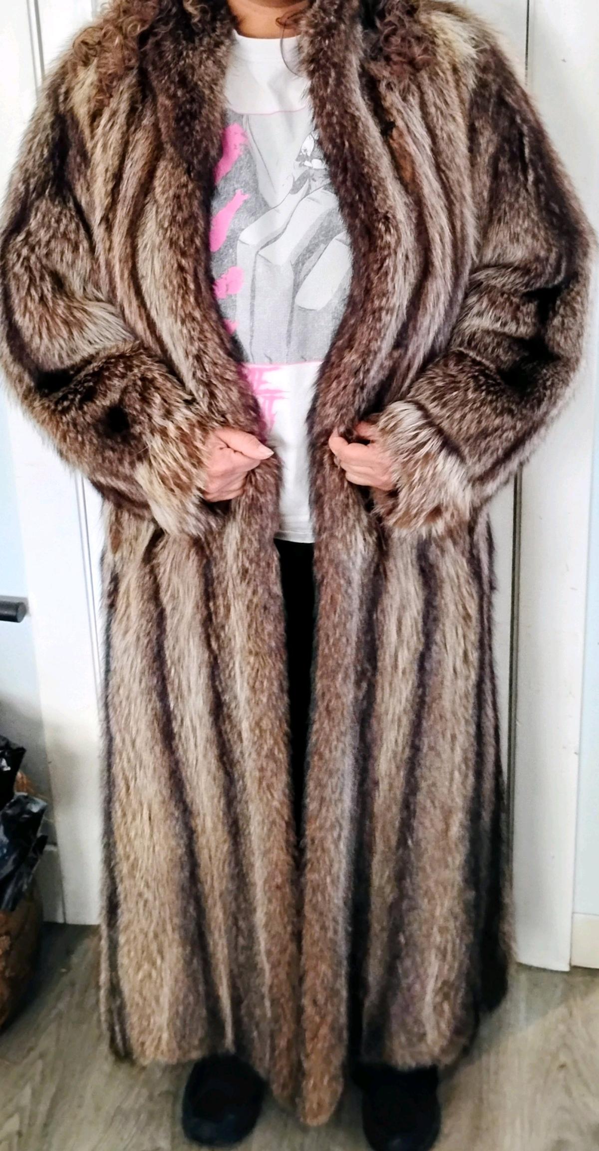luxurious full length striped raccoon coat