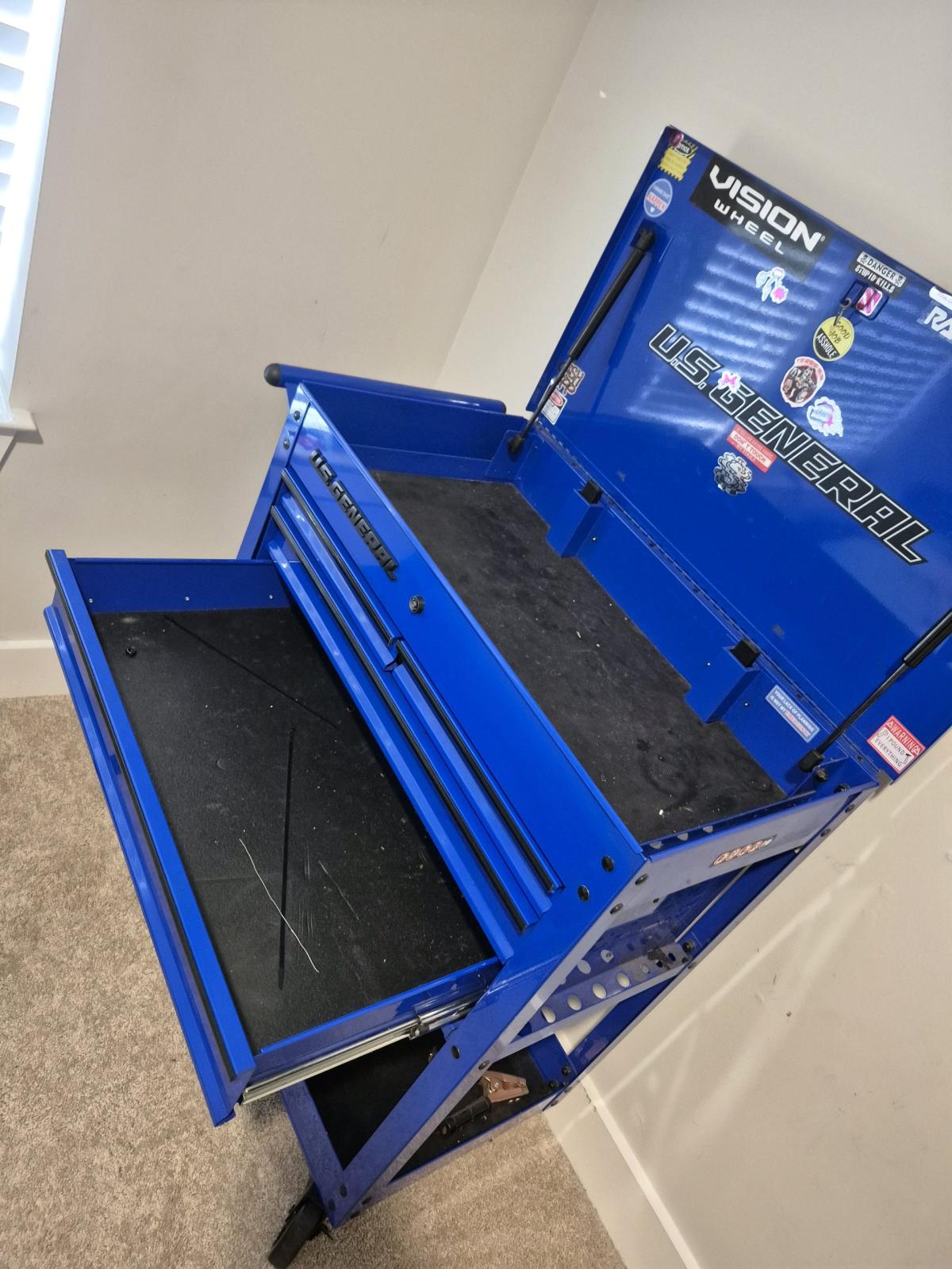 assortment of shop tools and US General toolbox