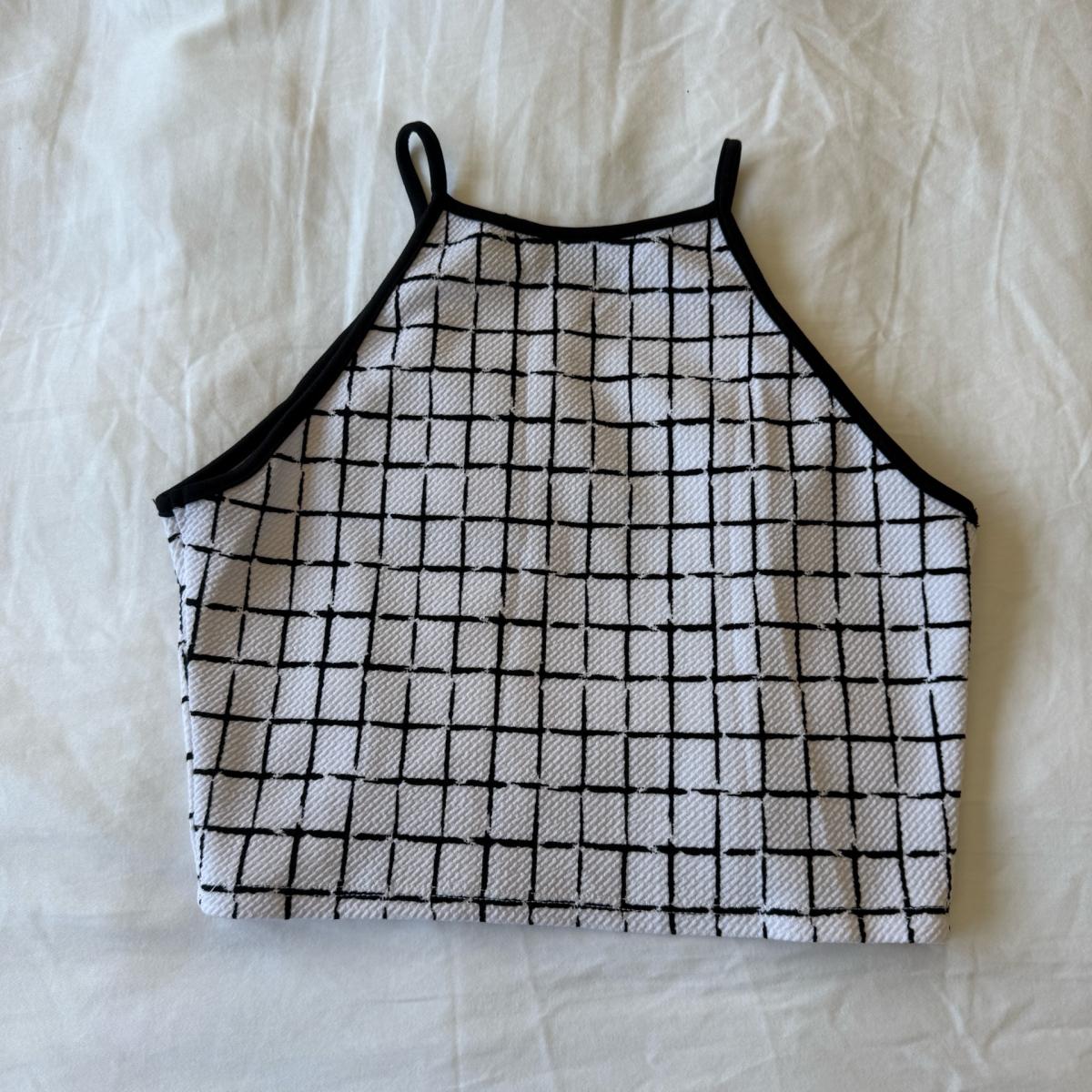 Y2K Minimalist Grid Print Halter Crop Top  Black  White Aes