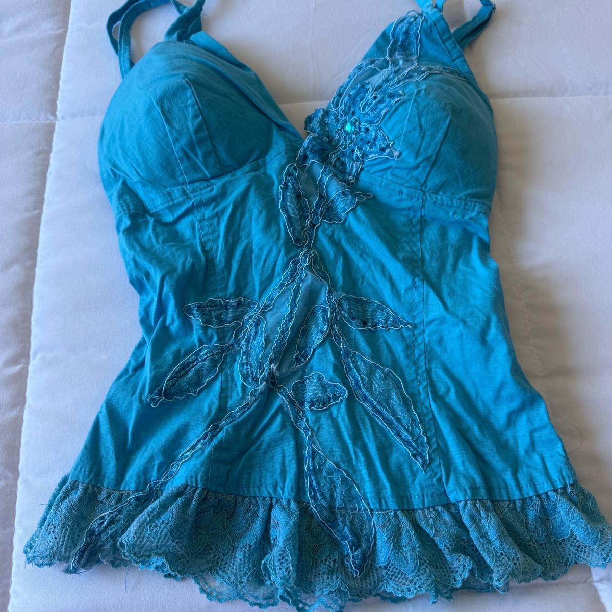 Y2K Turquoise Padded Halter Cami Top  Lace Appliqu Boho Fai