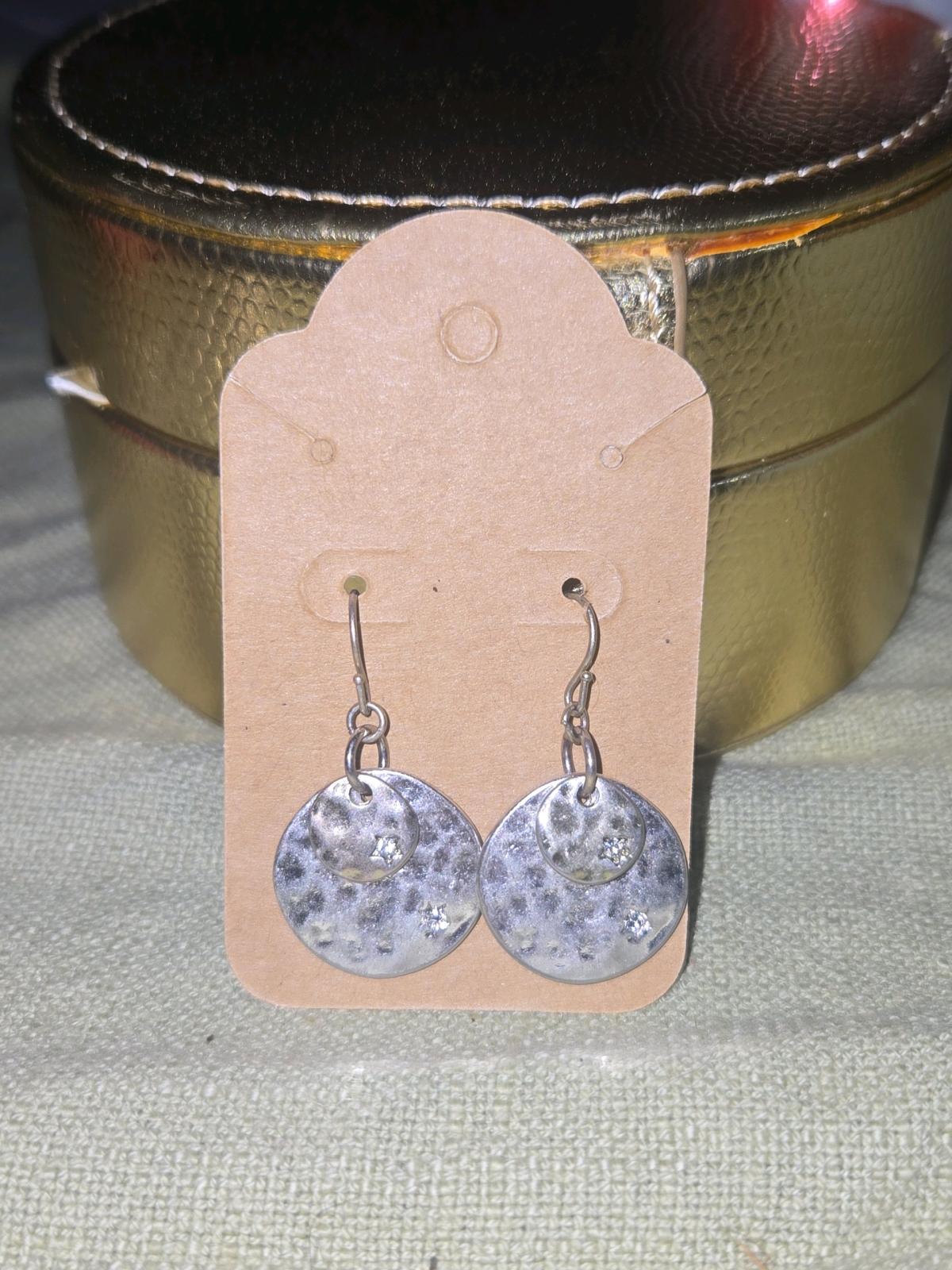 Hammered Silver Tone Disc Drop Earrings with CZ Accents