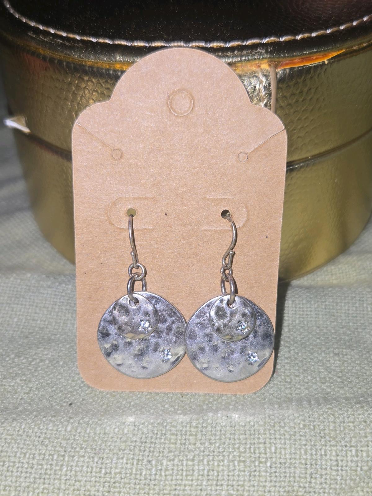 Hammered Silver Tone Disc Drop Earrings with CZ Accents