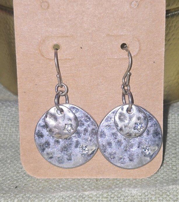 Hammered Silver Tone Disc Drop Earrings with CZ Accents