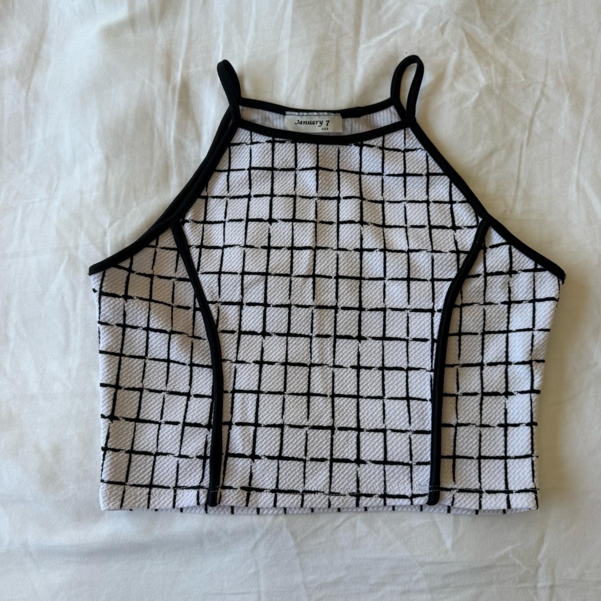 Y2K Minimalist Grid Print Halter Crop Top  Black  White Aes