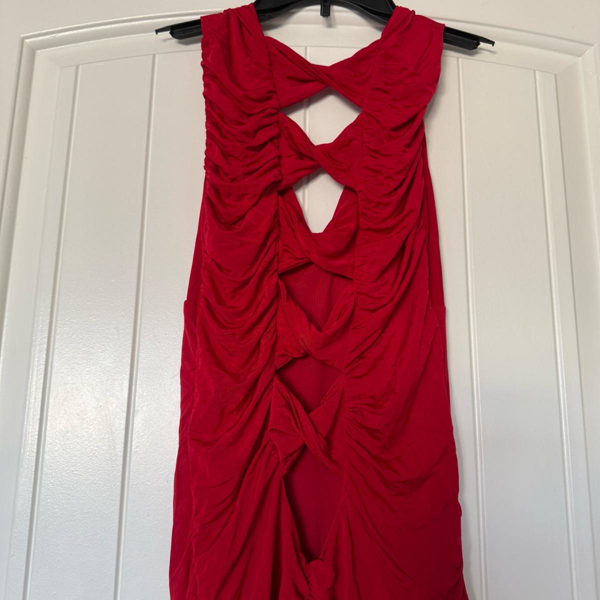 Bold Red Ruched Bodycon Midi Dress  Crisscross Back  Size S