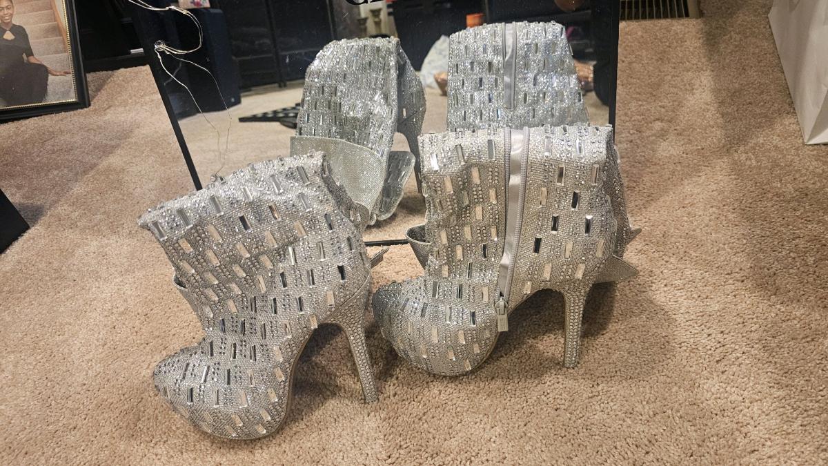 high heeled studded silver boots