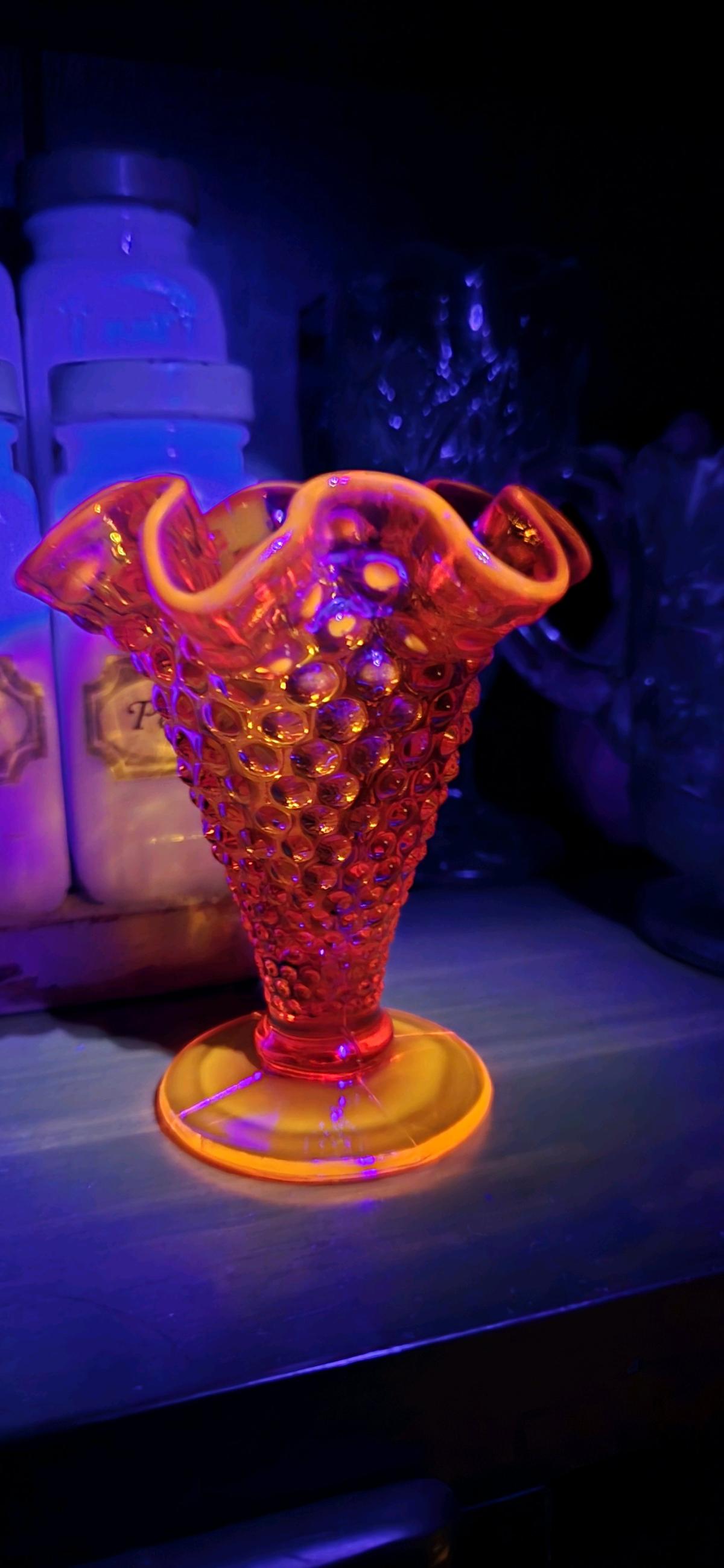 Amberina glass hobnail ruffled vase by Fenton Art Glass