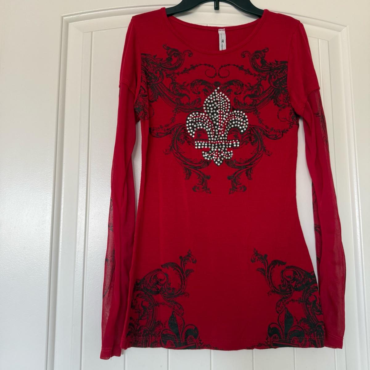 Y2K Gothic Rhinestone FleurdeLis Mesh Sleeve Top  Red  Black