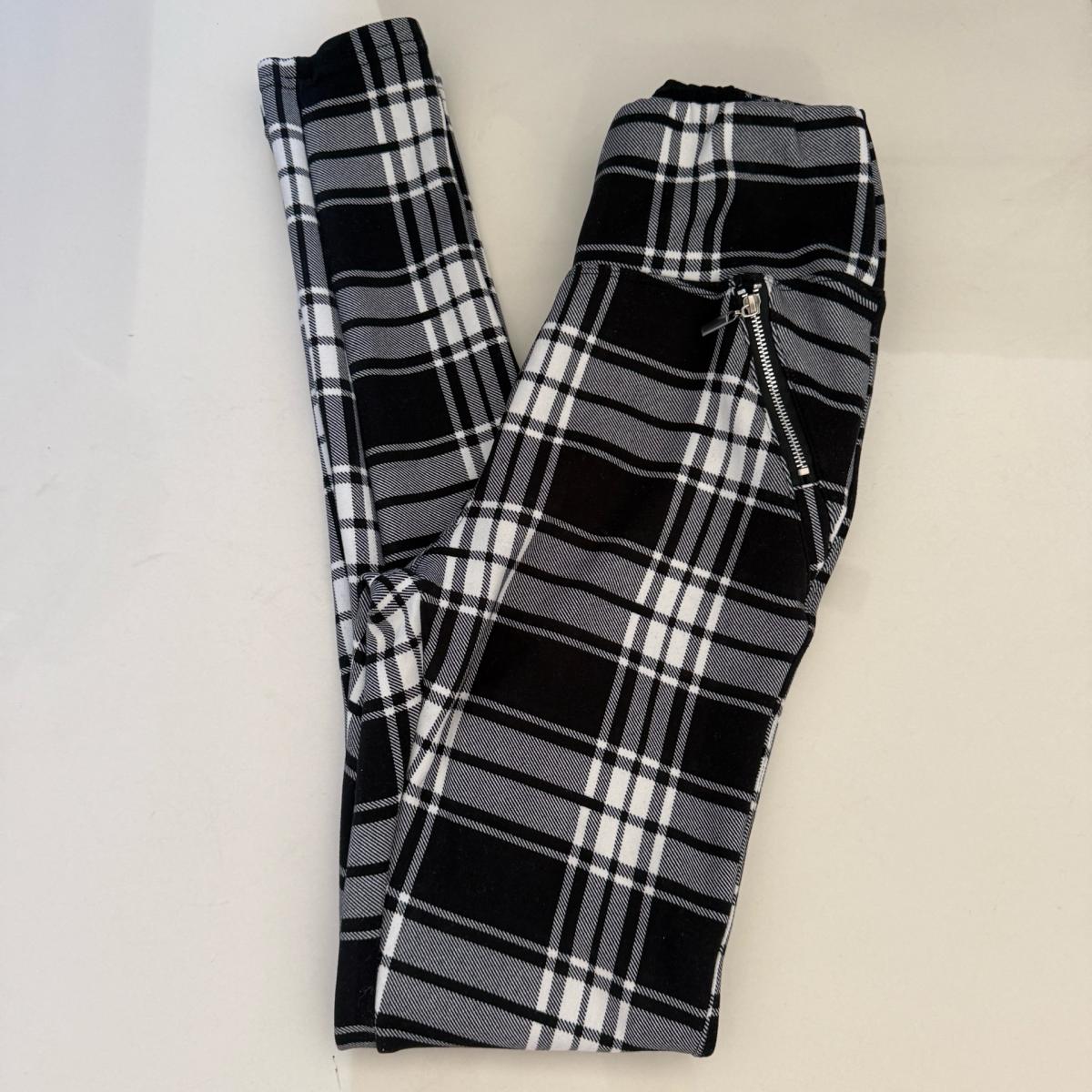 Black  White Plaid HighWaisted Skinny Pants with Zip Detail