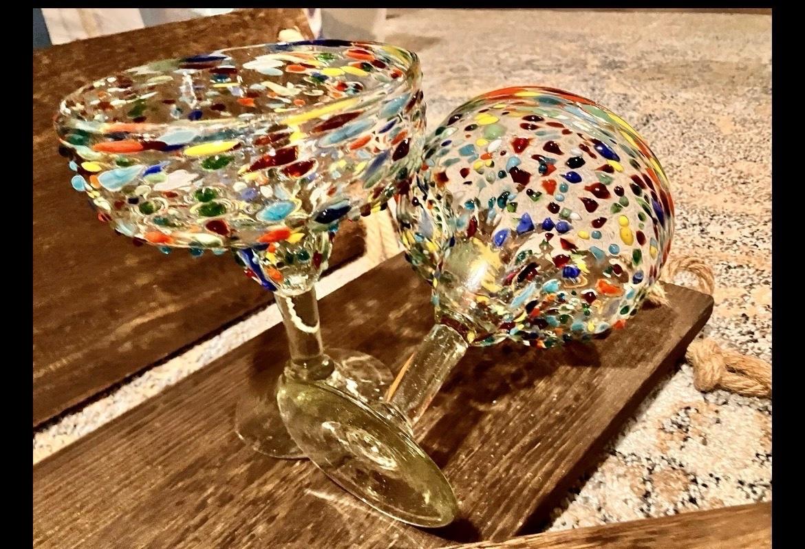 Mexican Hand Blown Margarita Glasses Confetti Set of 2