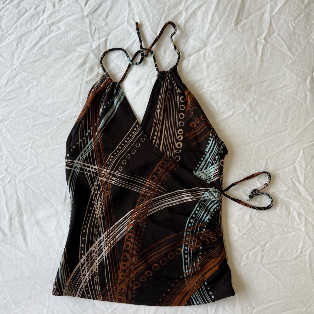 Y2K Abstract Wrap Halter Top  Earthy Tribal Print Small