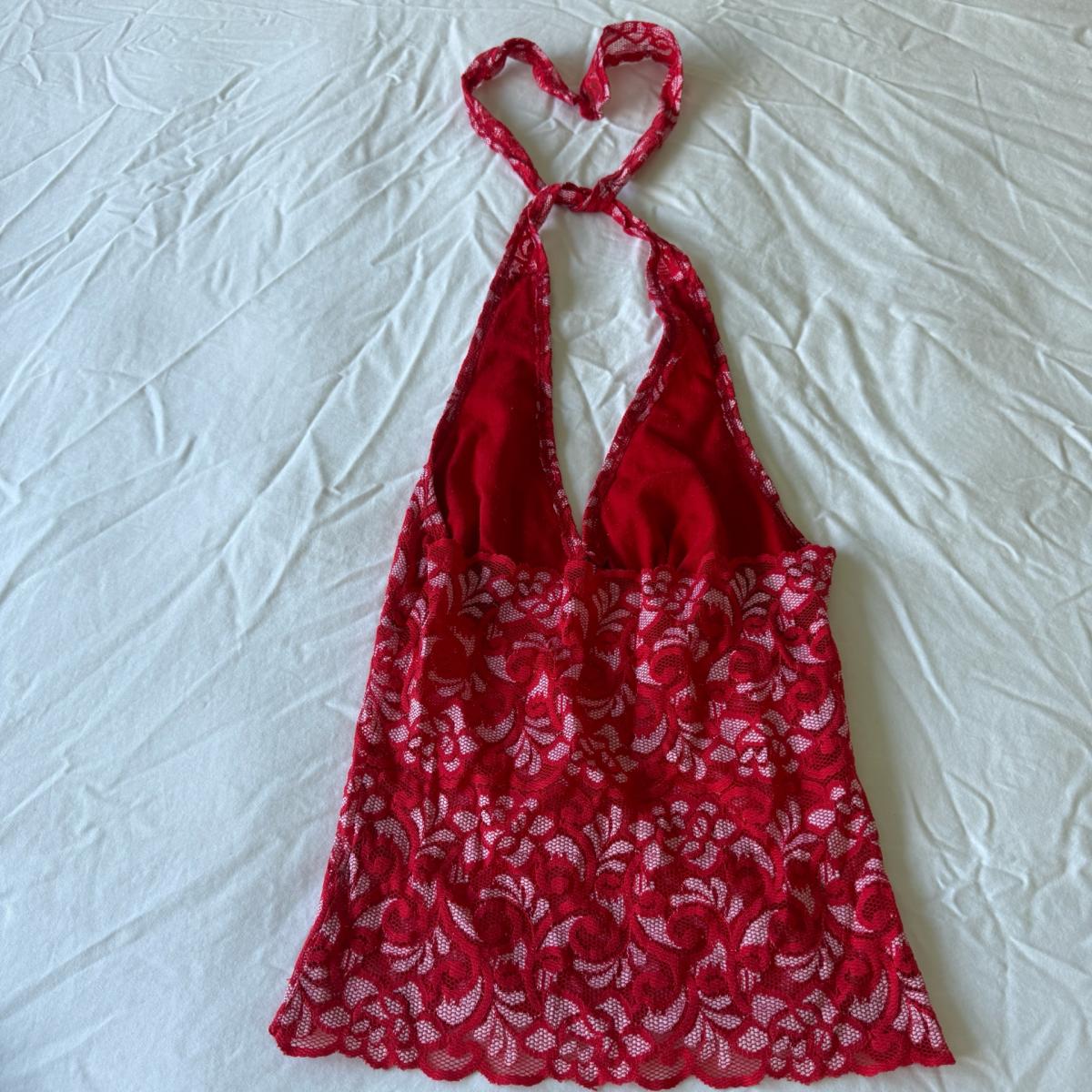 Red Floral Lace Halter Top  Sheer Plunge Babydoll  Romantic